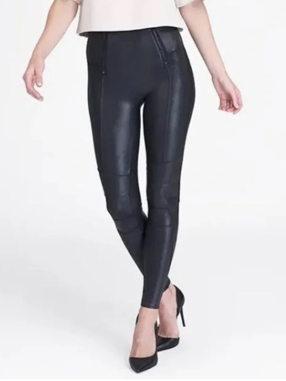 SPANX Faux Leather Hip Zip Leggings In Very Black Compression Slim Size Small